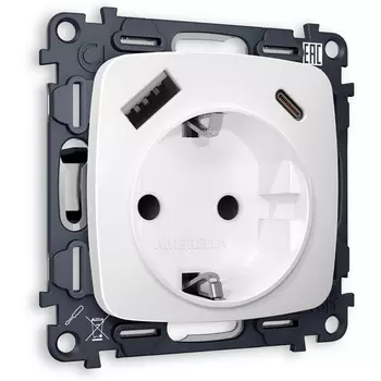 Комплект механизма Ambrella Volt электрической розетки OMEGA MO130010 Белый матовый 2USB A+C 20W быстрая зарядка с заземлением со шторками 2P+E 16A-250V QUANT