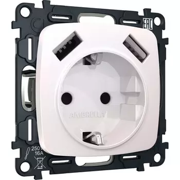 Комплект механизма Ambrella Volt электрической розетки OMEGA MO209010 Жемчуг 2USB A+A 18W быстрая зарядка с заземлением и шторками 2P+E 16A-250V QUANT