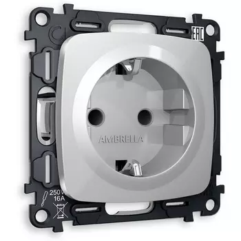 Комплект механизма Ambrella Volt электрической розетки OMEGA MO407010 Серебро глянец с заземлением и шторками 2P+E 16A-250V QUANT