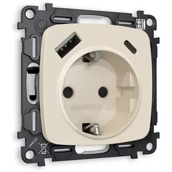 Комплект механизма Ambrella Volt электрической розетки OMEGA MO330010 Бежевый матовый 2USB A+C 20W быстрая зарядка с заземлением со шторками 2P+E 16A-250V QUANT