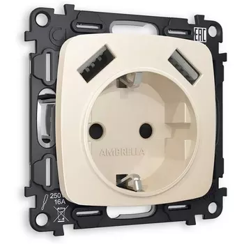 Комплект механизма Ambrella Volt электрической розетки OMEGA MO329010 Бежевый матовый 2USB A+A 18W быстрая зарядка с заземлением со шторками 2P+E 16A-250V QUANT