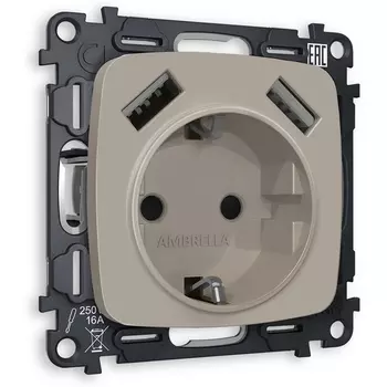 Комплект механизма Ambrella Volt электрической розетки OMEGA MO369010 Серо-бежевый матовый 2USB A+A18W быстрая зарядка с заземлением с шторками 2P+E 16A-250V QUANT