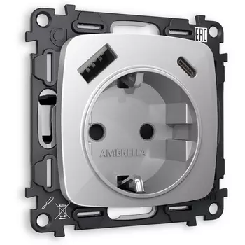 Комплект механизма Ambrella Volt электрической розетки OMEGA MO410010 Серебро глянец 2USB A+C 20W быстрая зарядка с заземлением и шторками 2P+E 16A-250V QUANT