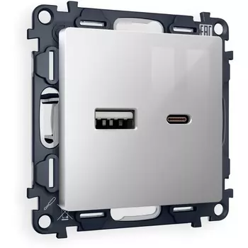 Комплект механизма Ambrella Volt розетки ALFA MA411010 Серебро глянец 2USB A+C 20W быстрая зарядка QUANT