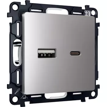 Комплект механизма Ambrella Volt розетки ALFA MA511010 Сталь матовый 2USB A+C 20W быстрая зарядка QUANT