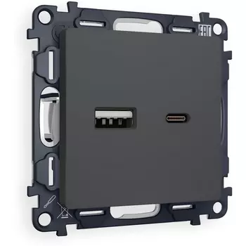 Комплект механизма Ambrella Volt розетки ALFA MA911010 Графит мягкое касание 2USB A+C 20W быстрая зарядка QUANT