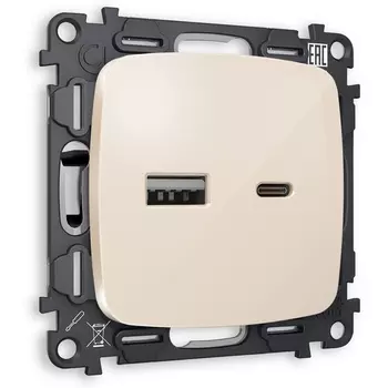 Комплект механизма Ambrella Volt розетки OMEGA MO311010 Бежевый глянец 2USB A+C 20W быстрая зарядка QUANT