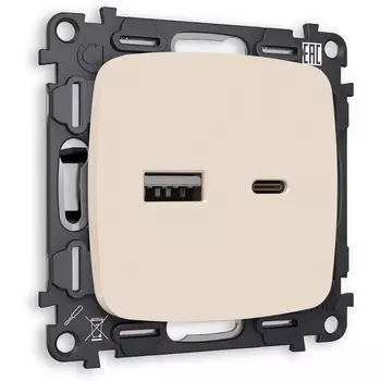 Комплект механизма Ambrella Volt розетки OMEGA MO331010 Бежевый матовый 2USB A+C 20W быстрая зарядка QUANT