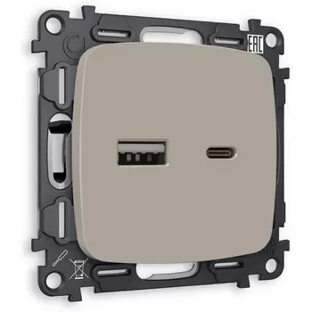 Комплект механизма Ambrella Volt розетки OMEGA MO371010 Серо-бежевый матовый 2USB A+C 20W быстрая зарядка QUANT