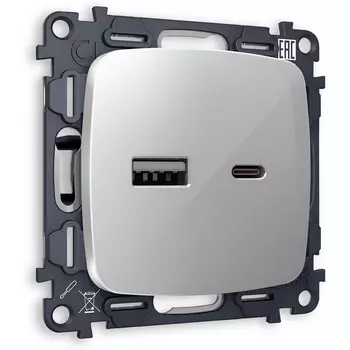 Комплект механизма Ambrella Volt розетки OMEGA MO411010 Серебро глянец 2USB A+C 20W быстрая зарядка QUANT