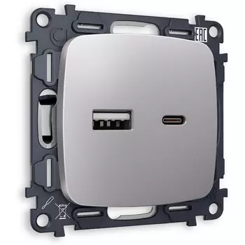 Комплект механизма Ambrella Volt розетки OMEGA MO511010 Сталь матовый 2USB A+C 20W быстрая зарядка QUANT