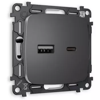 Комплект механизма Ambrella Volt розетки OMEGA MO661010 Антрацит серый 2USB A+C 20W быстрая зарядка QUANT