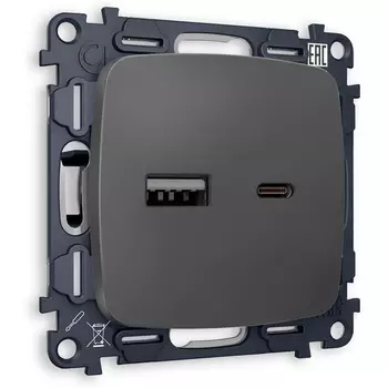 Комплект механизма Ambrella Volt розетки OMEGA MO911010 Графит мягкое касание 2USB A+C 20W быстрая зарядка QUANT