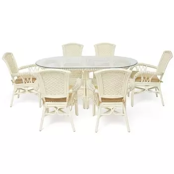 Комплект обеденный GRAND (стол со стеклом+6 кресел+ подушки) TCH (белый), Ткань рубчик, цвет кремовый Tetchair ANDREA GRAND 12427