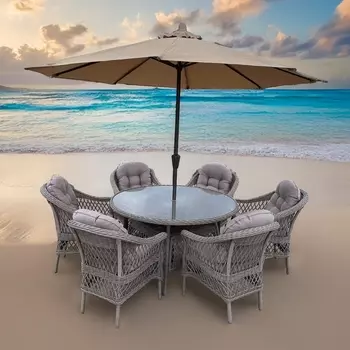 Комплект плетеной мебели T219/270-8k/LV-217 Beige (6+1) с зонтом в комплекте (Искусственный ротанг/Бежевый) Afina