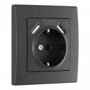 Комплект розетки с заземлением, шторками, рамкой и USBх2 (черный) Arte Milano SET06-1 SET06-1-47-1 black