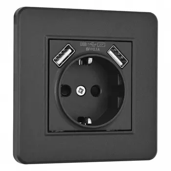 Комплект розетки с заземлением, шторками, USBх2 и рамкой (черный) Arte Milano SET16-1 SET16-1-47-1 black
