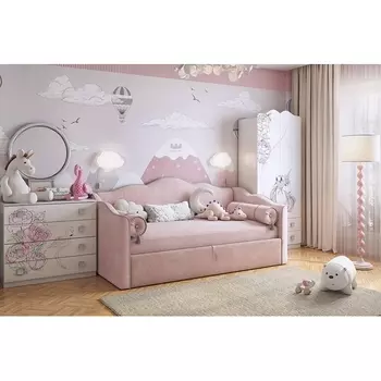 Кровать с подъемным механизмом Лея (Софа) 90х200 см Mebelson (ДСП,ЛДСП,Велюр/Розовый,Серый) арт.KM.S-18.2710