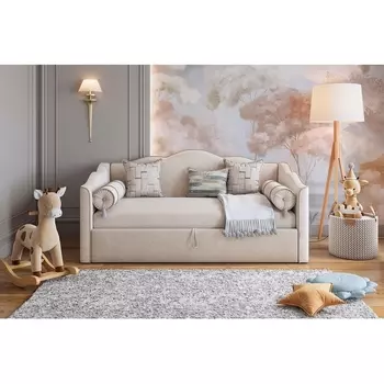 Кровать с подъемным механизмом Лея (Софа) 90х200 см Mebelson (ДСП,ЛДСП,Велюр/Кремовый,Латте) арт.KM.S-18.2959