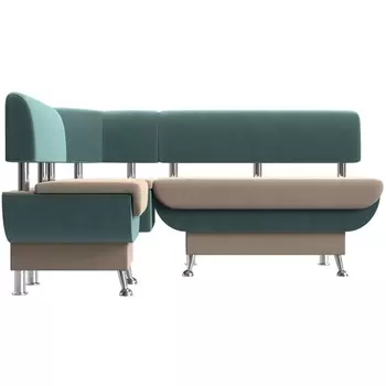 Кухонный угловой диван Альфа левый (основа велюр бежевый, компаньон велюр бирюзовый) Лига Диванов 116685L