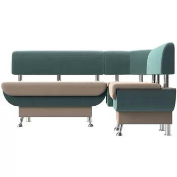 Кухонный угловой диван Альфа правый (основа велюр бежевый, компаньон велюр бирюзовый) Лига Диванов 116685