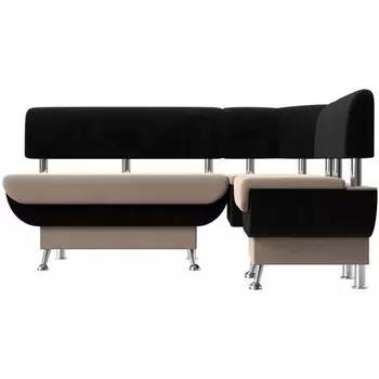 Кухонный угловой диван Альфа правый (основа велюр бежевый, компаньон велюр черный) Лига Диванов 116691