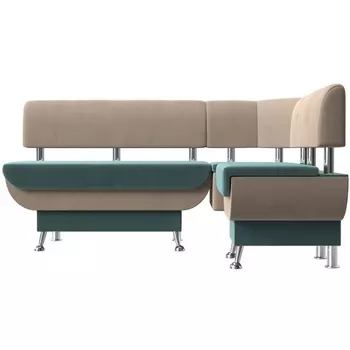 Кухонный угловой диван Альфа правый (основа велюр бирюзовый, компаньон велюр бежевый) Лига Диванов 106932