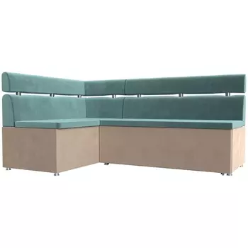 Кухонный угловой диван Классик левый (основа велюр бирюзовый, компаньон велюр бежевый) Лига Диванов 106585L