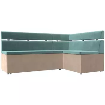 Кухонный угловой диван Классик правый (основа велюр бирюзовый, компаньон велюр бежевый) Лига Диванов 106585