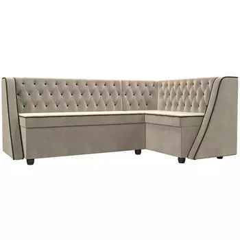 Кухонный угловой диван Лофт правый (микровельвет бежевый, кант микровельвет зеленый) Лига Диванов 104593