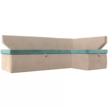 Кухонный угловой диван Омура правый (основа велюр бирюзовый, компаньон велюр бежевый) Лига Диванов 113194