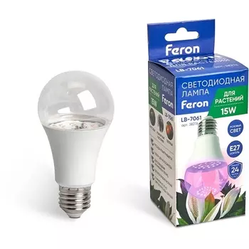 Лампа светодиодная для растений А60 Feron 38276 LB-7060 E27 15W красно-синий спектр