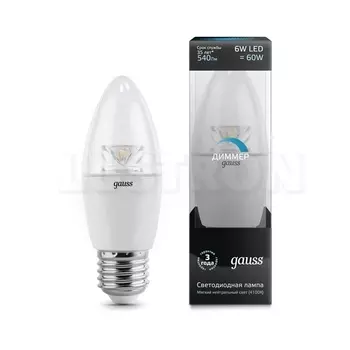 Лампочка светодиодная E27 6W 4100K 540lm Gauss Candle Crystal Clear 103202206-D