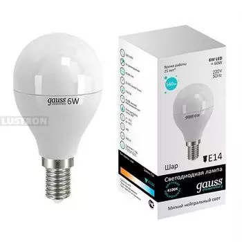 Лампочка светодиодная груша E14 6W 4100K 540lm Gauss 53126