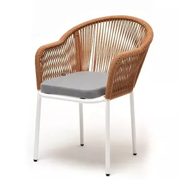 "Лион" стул плетеный из роупа, каркас алюминий светло-серый (RAL7035) муар, роуп оранжевый меланж круглый, ткань бежевая 052 4SIS арт.УТ-00008489