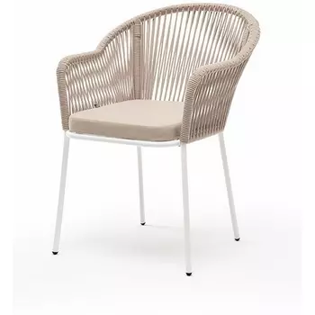 "Лион" стул плетеный из роупа, каркас из стали белый муар, роуп бежевый круглый, ткань бежевая 4SIS арт.УТ-00004048