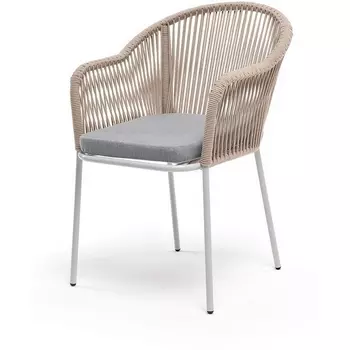 "Лион" стул плетеный из роупа, каркас из стали светло-серый (RAL7035) муар, роуп бежевый круглый, ткань светло-серая 4SIS арт.УТ-00009434