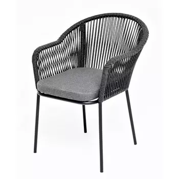 "Лион" стул плетеный из роупа, каркас из стали темно-серый (RAL7024) муар, роуп темно-серый круглый, ткань темно-серая 027 4SIS арт.УТ-00006826