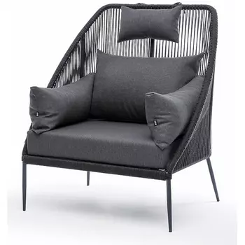 "Мадрид" кресло плетеное из роупа, каркас алюминий темно-серый (RAL7024) муар, роуп темно-серый круглый, ткань темно-серая 027 4SIS арт.УТ-00008254