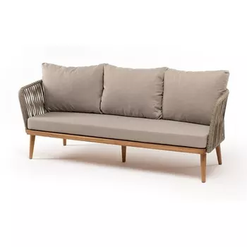 "Мальорка" диван 3-местный плетеный из роупа, основание дуб, роуп серо-коричневый 23мм, ткань бежевая 052 4SIS арт.УТ-00007640