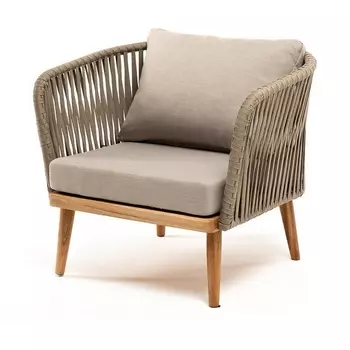 "Мальорка" кресло плетеное из роупа, основание дуб, роуп серо-коричневый 23мм, ткань бежевая 052 4SIS арт.УТ-00007641