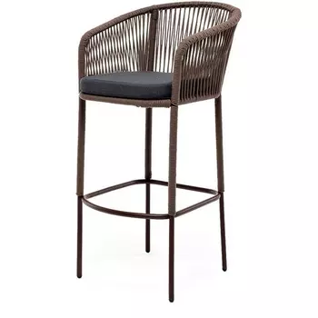 "Марсель" стул барный плетеный из роупа, каркас из стали коричневый (RAL8016) муар, роуп коричневый круглый, ткань темно-серая 027 4SIS арт.УТ-00007111