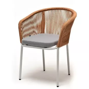 "Марсель" стул плетеный из роупа, каркас алюминий светло-серый (RAL7035) муар, роуп оранжевый меланж круглый, ткань светло-серая 4SIS арт.УТ-00009488