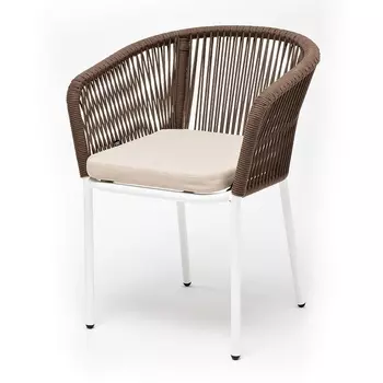 "Марсель" стул плетеный из роупа, каркас алюминий белый муар, роуп коричневый круглый, ткань бежевая 052 4SIS арт.УТ-00008310