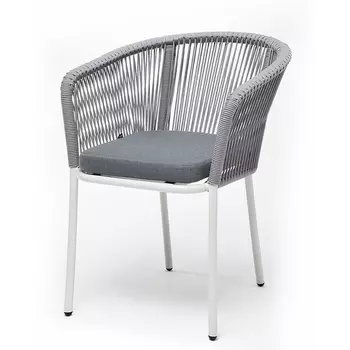 "Марсель" стул плетеный из роупа, каркас алюминий белый муар, роуп светло-серый круглый, ткань светло-серая 4SIS арт.УТ-00009722