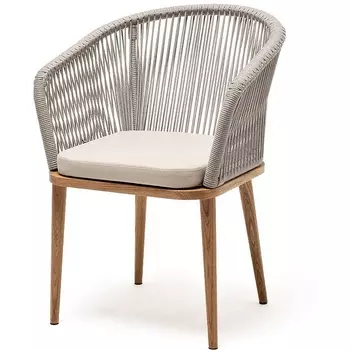 "Марсель" стул плетеный из роупа, основание дуб, роуп серый меланж круглый, ткань бежевая 052 4SIS арт.УТ-00007606