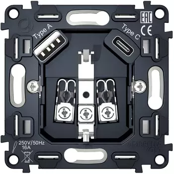 Механизм электрической розетки Ambrella Volt 2USB A+C 20W быстрая зарядка с заземлением на винтовых зажимах 16A 250V QUANT VM160