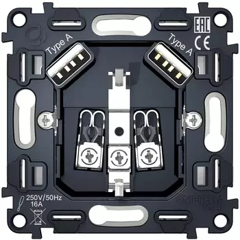 Механизм электрической розетки Ambrella Volt 2USB A+A 18W быстрая зарядка с заземлением на винтовых зажимах 16A 250V QUANT VM155