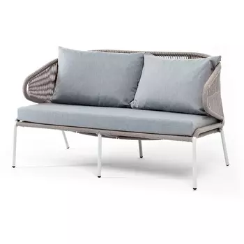 "Милан" диван 2-местный плетеный из роупа, каркас алюминий светло-серый (RAL7035) муар, роуп серый меланж круглый, ткань светло-серая 4SIS арт.УТ-00009431