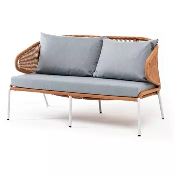 "Милан" диван 2-местный плетеный из роупа, каркас алюминий светло-серый (RAL7035) муар, роуп оранжевый меланж круглый, ткань светло-серая 4SIS арт.УТ-00009572